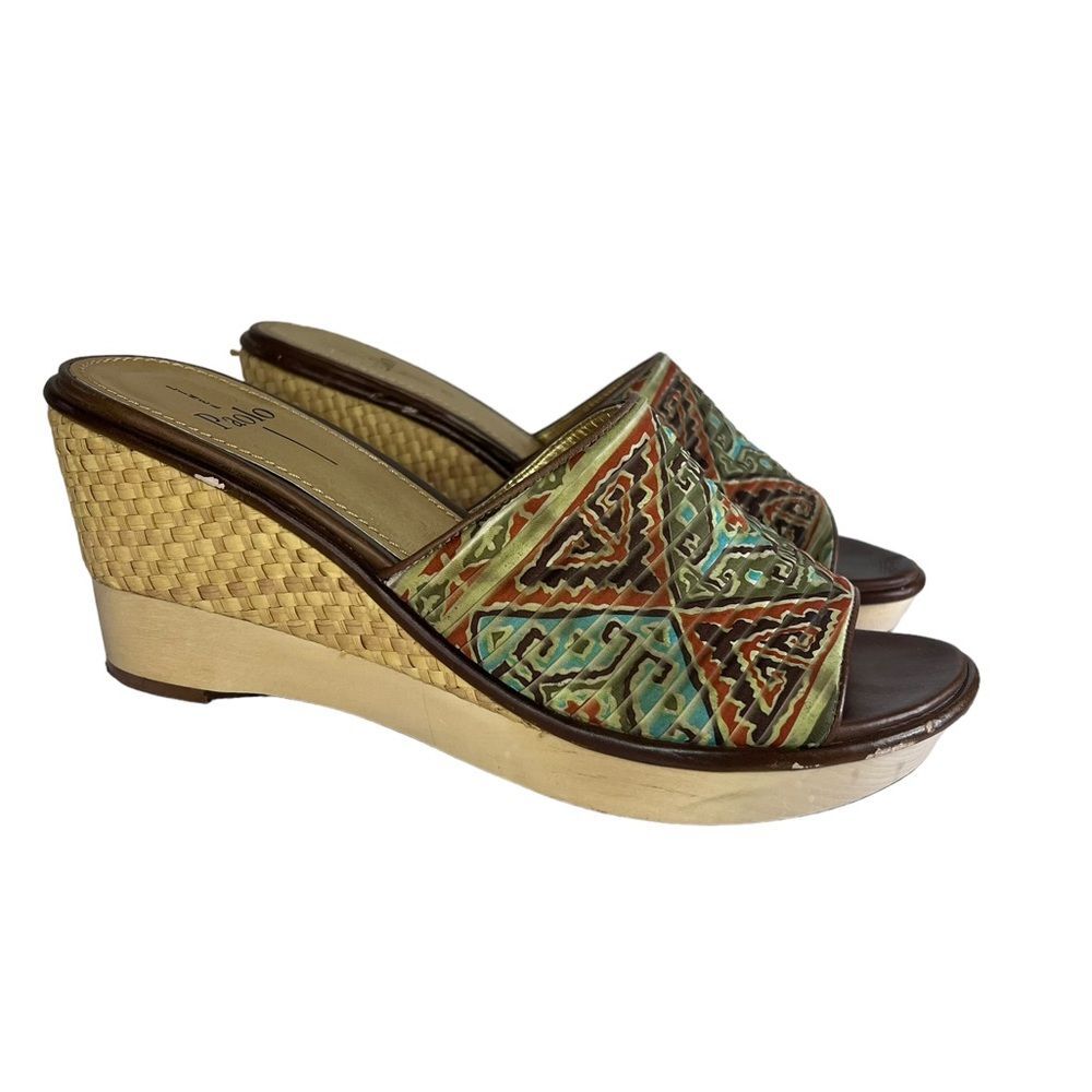 Linea Paolo Boho Southwestern Turquoise Slip On Wicker/Wood Wedge Sandal Size 10